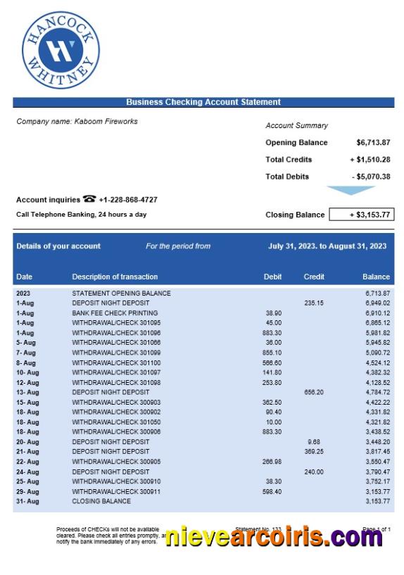 Hancock Whitney Bank business checking account statement